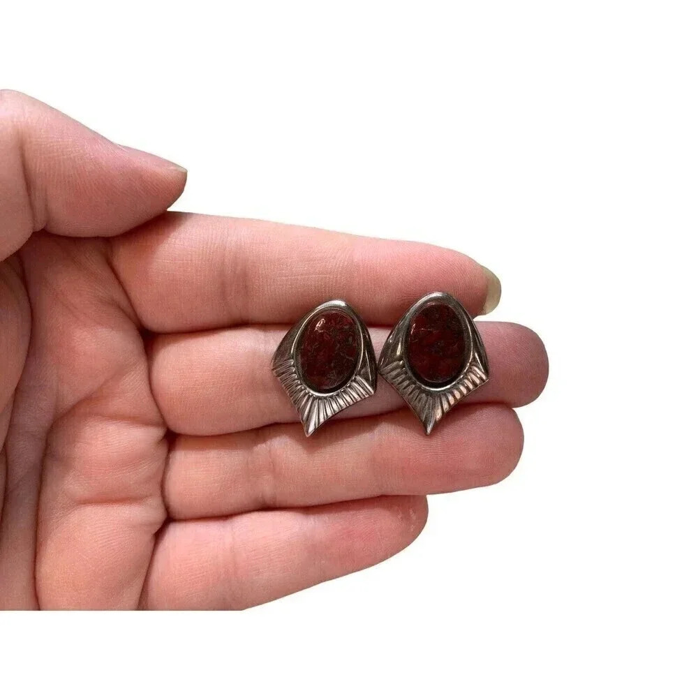 Vintage Silver Brecciated Jasper Earrings Oval Stone Boho Hippie Natural 1in - Picture 5 of 5